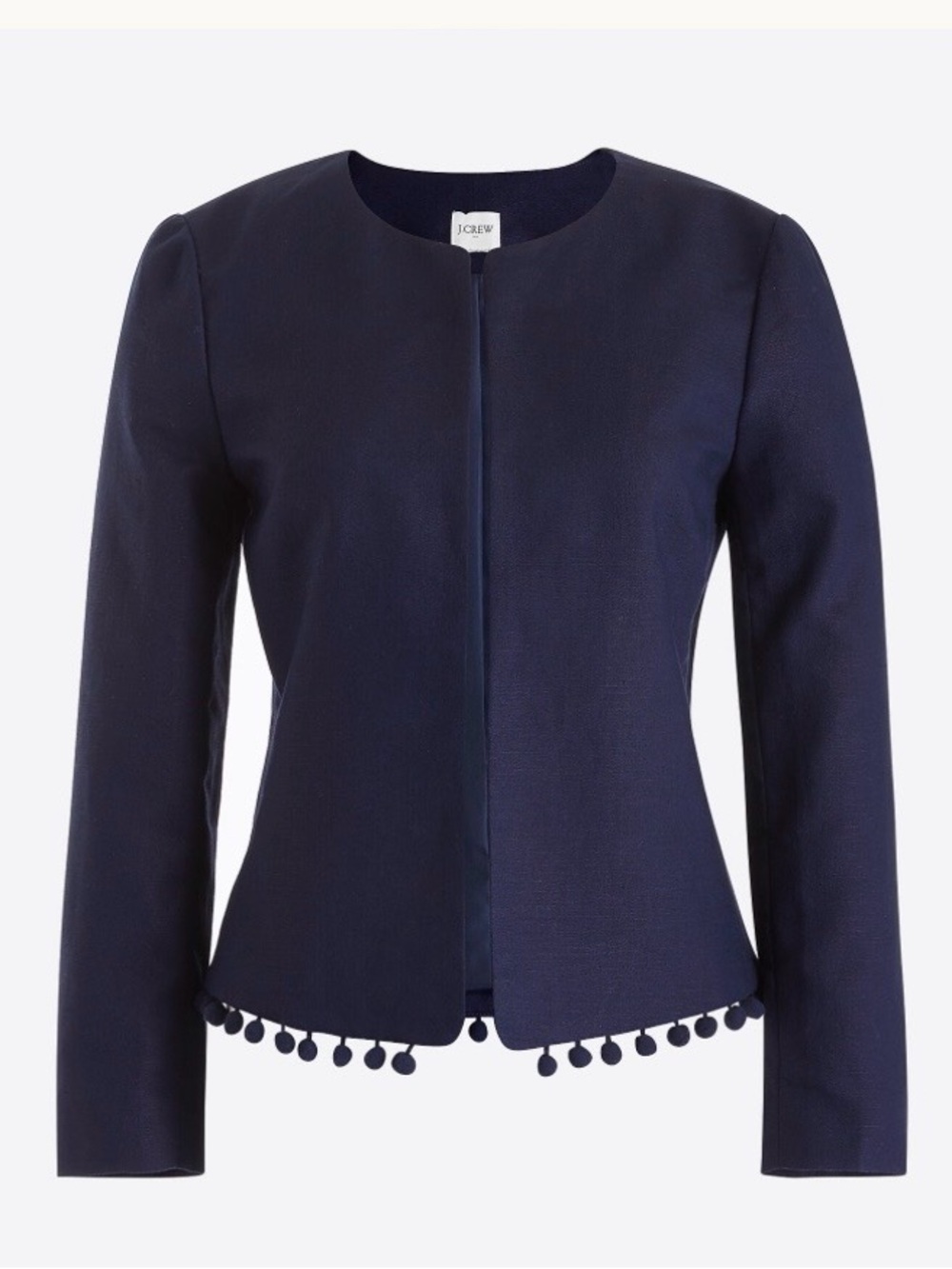 JCREW NAVY BLAZER FULLY LINED WITH POM POM TRIM AT BOTTOM-SIZE M